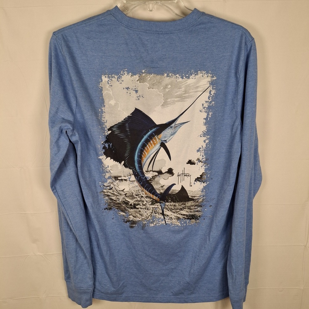 Guy Harvey‎ Men's Small BillFish Long Sleeve Tee Shirt Pocket Logo Blue